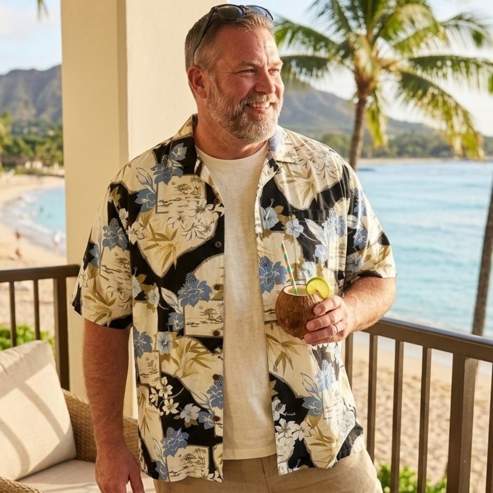 Hilo Hattie Hawaiian Original Shirt Mens Large Blue Floral Scenic Made in Hawaii